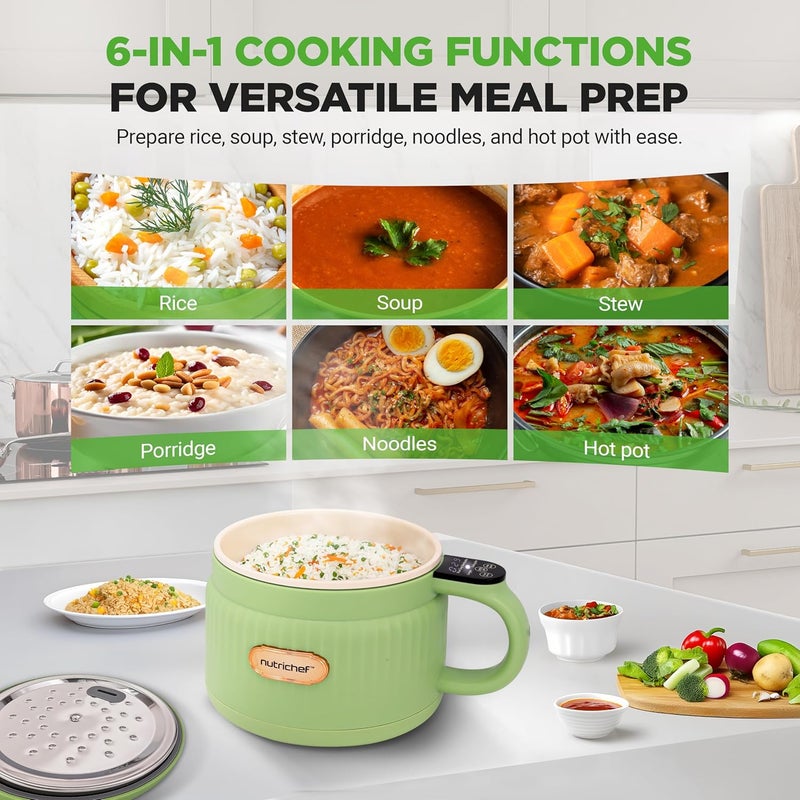 NutriChef 1.6 QT Portable Electric Rice Cooker & Lunch Maker | Multi-Functional & Non-Stick Ceramic Coating | Digital Control Panel | 6 Cook Functions: Rice, Soup, Stew, Porridge & More | Green - Image 2